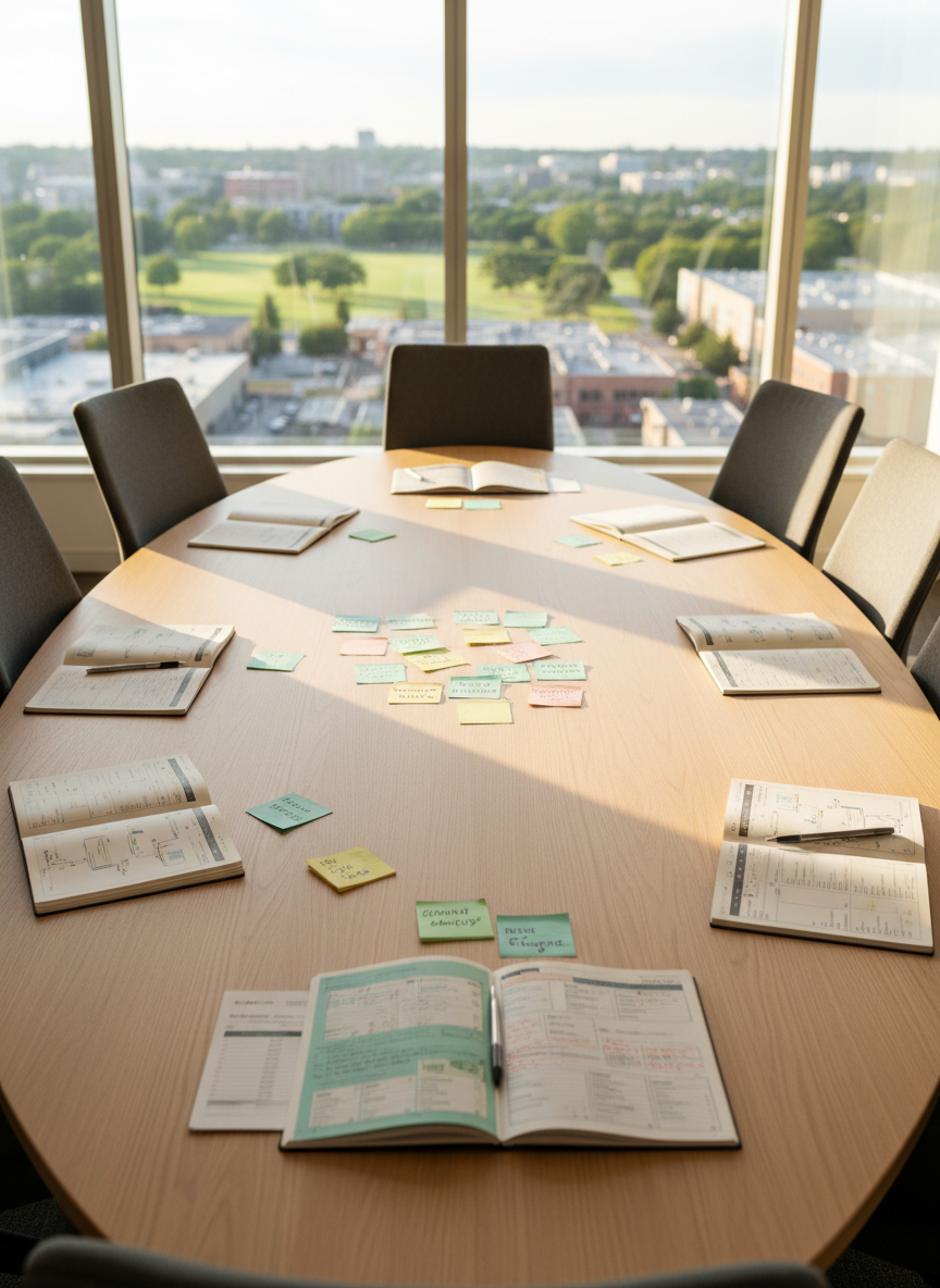 An oval conference table made of light oak, its surface meticulously organized with color-coded agendas, notebooks, and a central cluster of pastel sticky notes arranged into a leadership vision board. Around the table, high-backed chairs sit empty, slightly angled inward, suggesting an upcoming strategic conversation. Large floor-to-ceiling windows reveal a blurred cityscape of schools and parks beyond. Late afternoon natural light pours in, casting long, soft shadows and a warm golden tone. Photographic realism with a professional, contemporary look, captured from a slightly elevated angle following the rule of thirds, emphasizing the table’s center. The atmosphere feels purposeful and collaborative, highlighting reflective educational planning without showing any people.